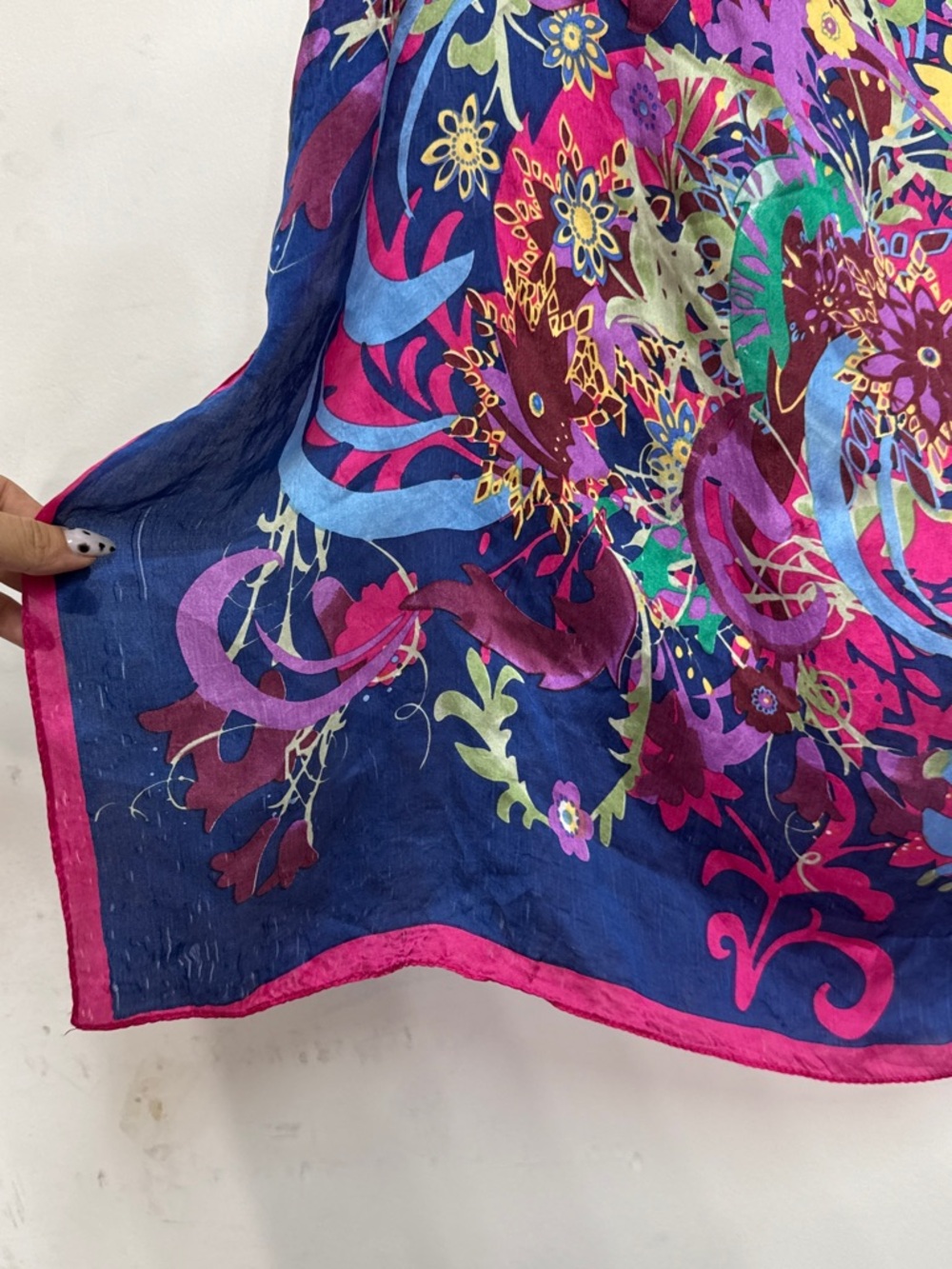 Navy blue and pink floral silk scarf 100% silk floral scarf spring head cover - Picture 2 of 5